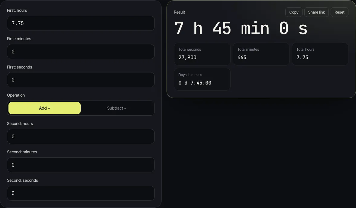 The CalculatorVerse time calculator with 7.75 typed into First: hours and the other fields at 0, showing the result 7 h 45 min 0 s, total minutes 465, total hours 7.75 and 0 d 7:45:00